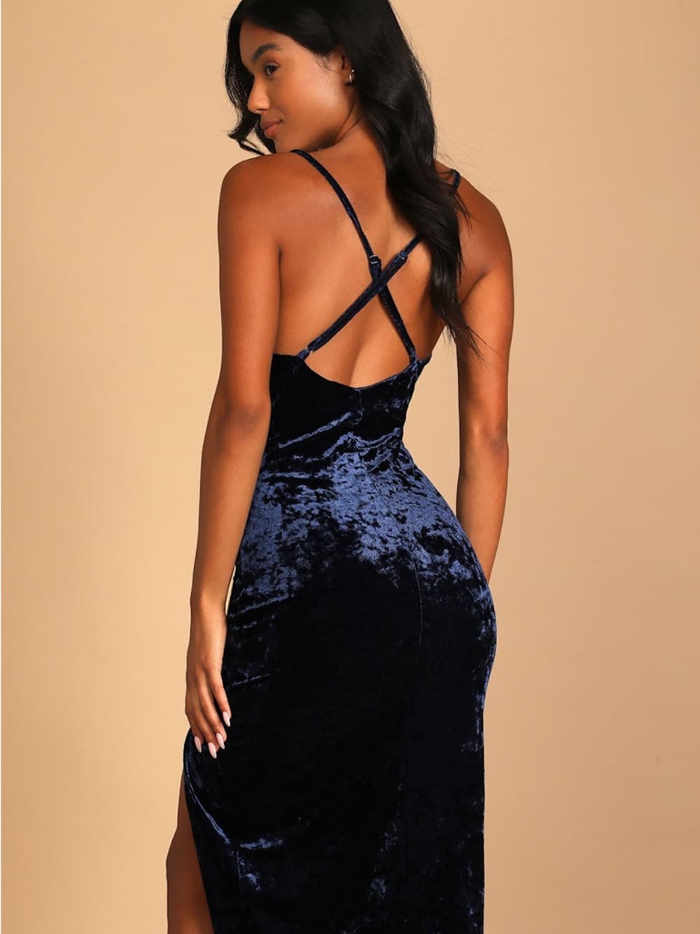 Lulu's Majorly Crushing Navy Blue Crushed Velvet Cowl Neck Midi Dress